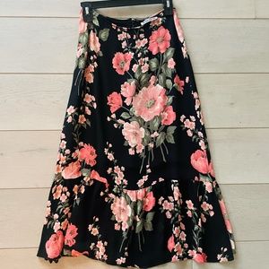 REFORMATION BLACK WITH PINNK FLORAL DETAIL MIDI SKIRT!